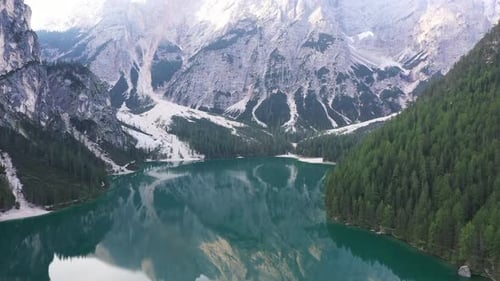 View from above, stunning aerial view of the Lake Braies Dolomites, Italy.