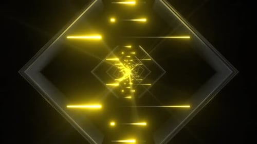 Dynamic yellow neon tunnel with glowing lights and abstract shapes