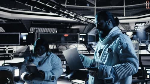 Astronauts Flying Together in Starship Exploring Mars Exploring Planetary Surface