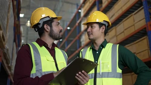 Blue collar workers are working at warehouse.