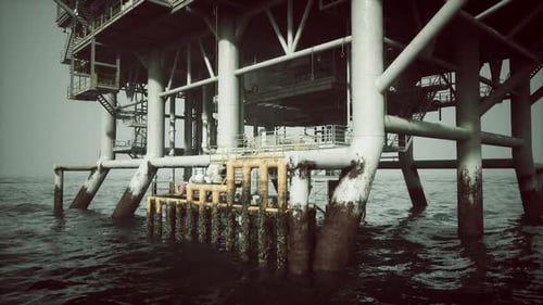 Old Oil Platform Structure Above Calm Waters During a Cloudy Day