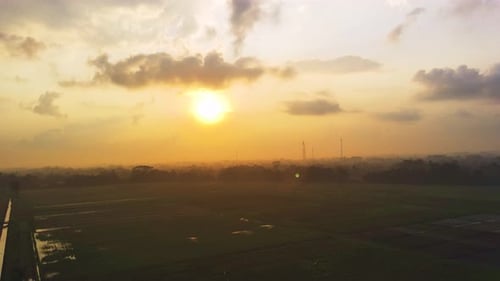 Drone View Of Beautiful Sunrise With Views Of Rice Fields And Countryside