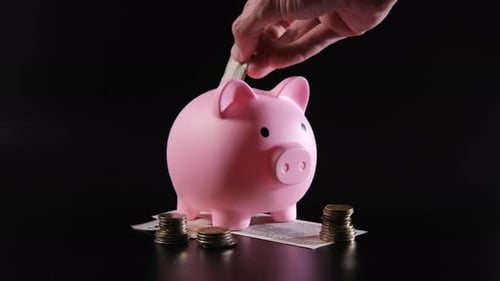 Saving in a Pink Piggy Bank with Cash