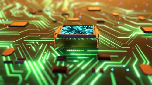 Futuristic Circuit Board with CPU and Glowing Data Flow Animation
