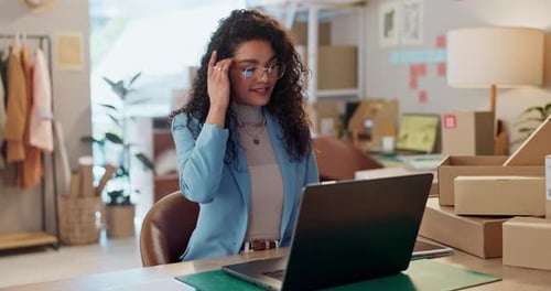 Happy woman, small business or laptop for fashion logistics, e commerce cargo or inventory in shop