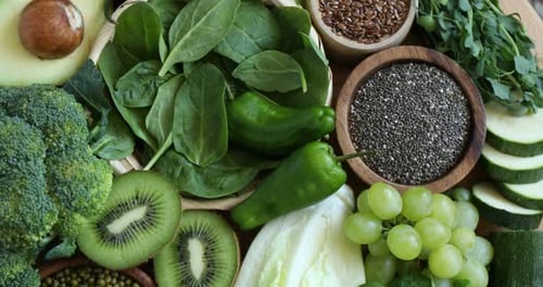 Superfood. Different healthy products on table, top view