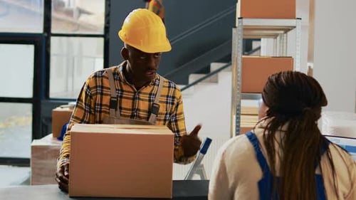 Junge Kollegen unterhalten sich bei der Arbeit über den Versand von Bestellungen