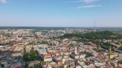 Beautiful View of Old City in Ukraine Lviv Roofs Historical Buildings Architecture Drone Blue Sky