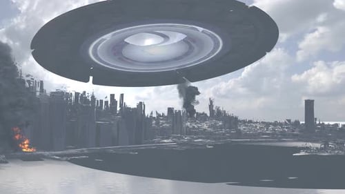Großes außerirdisches Ufo fliegt über das zerstörte New York Manhattan