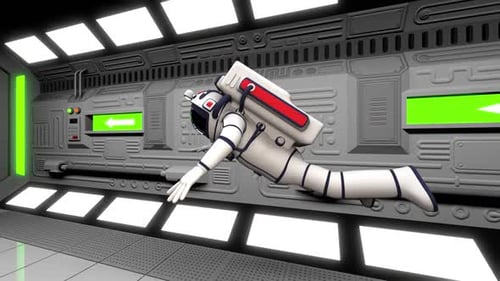 Astronaut in spacesuit flying through spaceship corridor wth opening doors