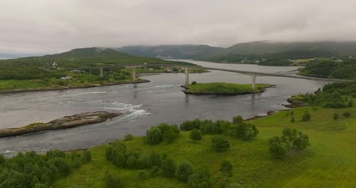 Aerial view of strong tidal current flowing under bridge, Saltstraumen, Norway