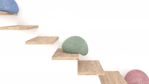 Knitted Spheres Rolling Down Modern Wooden Stairs Animation