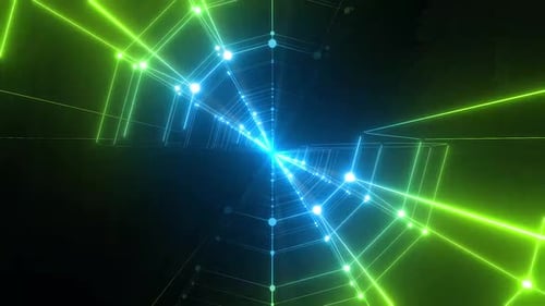 Abstract digital network vortex pulses with vibrant blue and green light