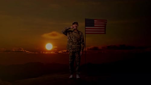 Full Body Of Asian Man Soldier Smiling And Making Call Me With Flag Of The United States