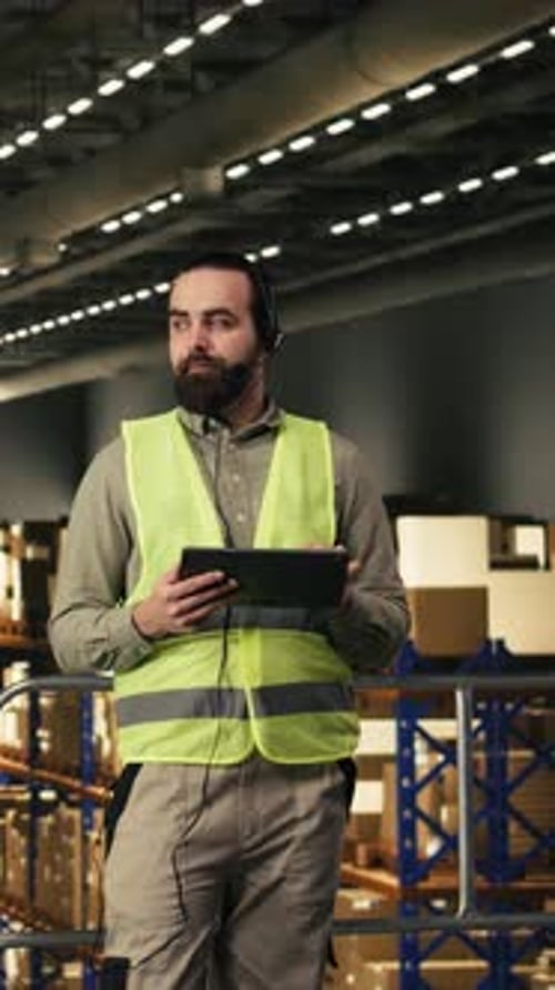 Vertical Video Warehouse Worker Customer Service Calls Logistics Hub Shipment Details