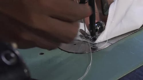 Sewing Machine Stitching White Fabric Close Up