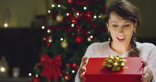 Woman Receives Gift in Front of Christmas Tree