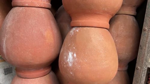 Earthen pots kept in a handicraft earthen ware shop in Kolkata, India.