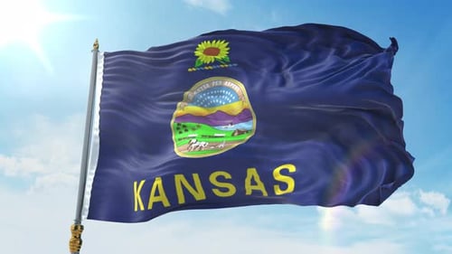 Kansas State Flag Waving Against Blue Sky