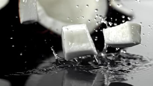 Coconut Pieces Falling on Wet Surface in Slow Motion