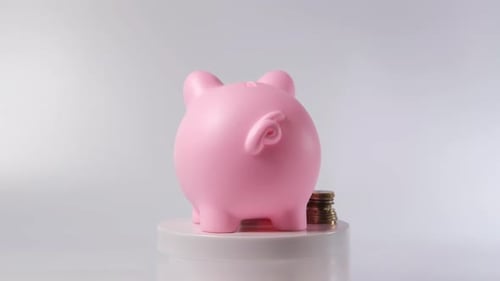 Hand Inserting Banknote Into Pink Piggy Bank