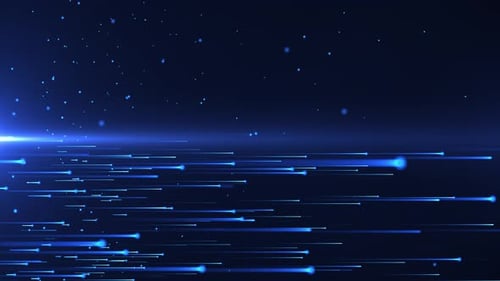 Abstract digital background with a stream of blue lines of particles and flying dust
