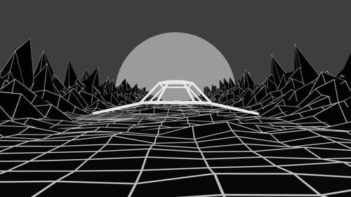 Animation rétro des années 1980 en boucle fluide avec une silhouette de vaisseau volant à travers les rochers jusqu'au soleil