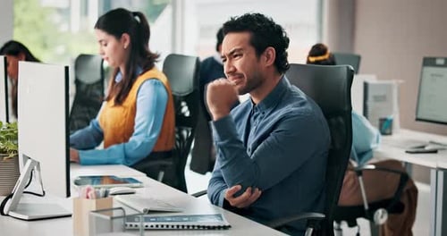 Businessman, elbow pain and computer with injury for overworked strain or discomfort in office