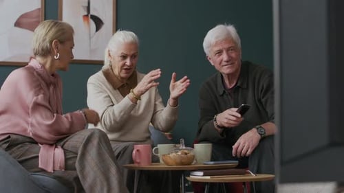 Senior friends chatting, watching television in living room