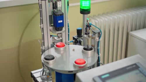 Machine To Check Accuracy Of Hole Dimension In Disks. Vocational School Concept. close up