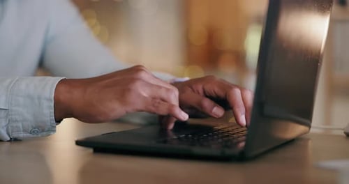 Hands, man and typing on laptop at night in office for planning, online admin and internet email