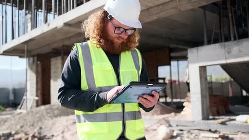 An engineer typing on tablet inspection construction progress, property designer checking plan