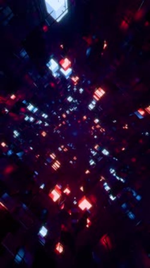 Futuristic Tunnel Travel with Glowing Red and Blue Cubes