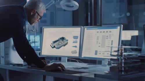Professional Heavy Industry Engineer Works on Computer Uses CAD Software to Design Industrial Machi