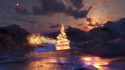 Glowing Particle Christmas Tree Reveals in Snowy Mountain Landscape