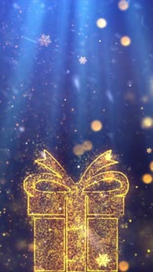 Golden Sparkling Gift Box with Falling Snowflakes