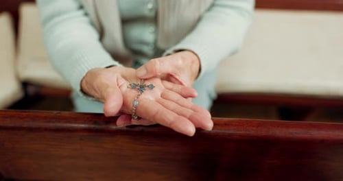 Rosary, prayer or hands of woman in church for God, holy spirit or religion with faith in Christian