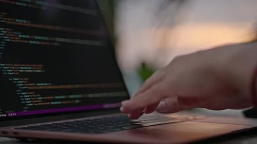Female Developer Working on Laptop By the Ocean Young Woman Freelancer Coding at Outdoor Tropical