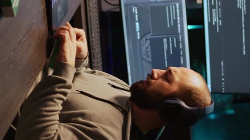 Ingenieur für vertikale Videoprogrammierung, der Vitamine und Pillen in einer Schachtel einnimmt