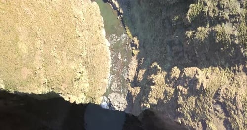 Waterfall, mountain river and nature drone of relax landscape, natural scenery