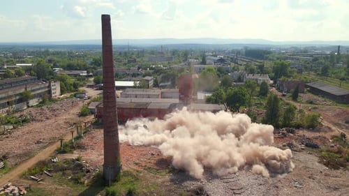Demolition of Old Industrial Brick Pipe at the Factory