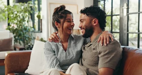 Home, couch and face of couple for hug, bonding together and healthy marriage with love in lounge