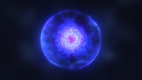 Abstract energy blue sphere with electrons flying glowing particles and magic field