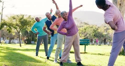 Yoga, stretching arms or old people in park for health or body mobility in outdoor workout together