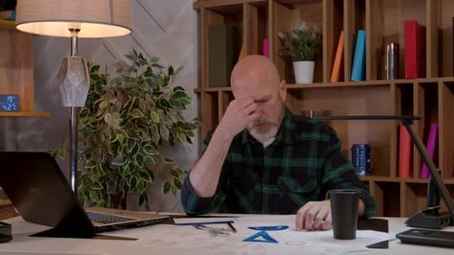 Überarbeiteter Mann mittleren Alters, Innenarchitekt, macht Pause und trinkt Kaffee