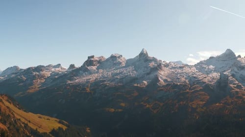 Picturesque panorama of snowy mountain peaks in Swiss Alps