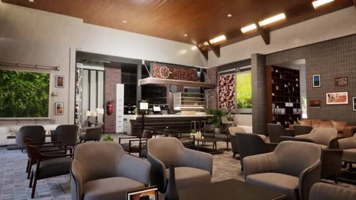 Warm and Modern Cafe Interior with Cozy Armchairs, Green Wall Panel