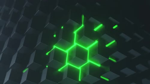 Abstract Geometric Cubes Pulsating with Green Neon Lines Animation