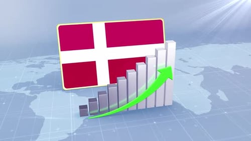 Denmark Flag With Increasing Bar Chart Graph And Arrow Green