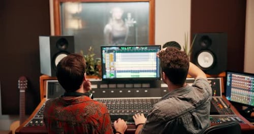 Studio, talking and producer with music equipment for volume level, frequency mode and control